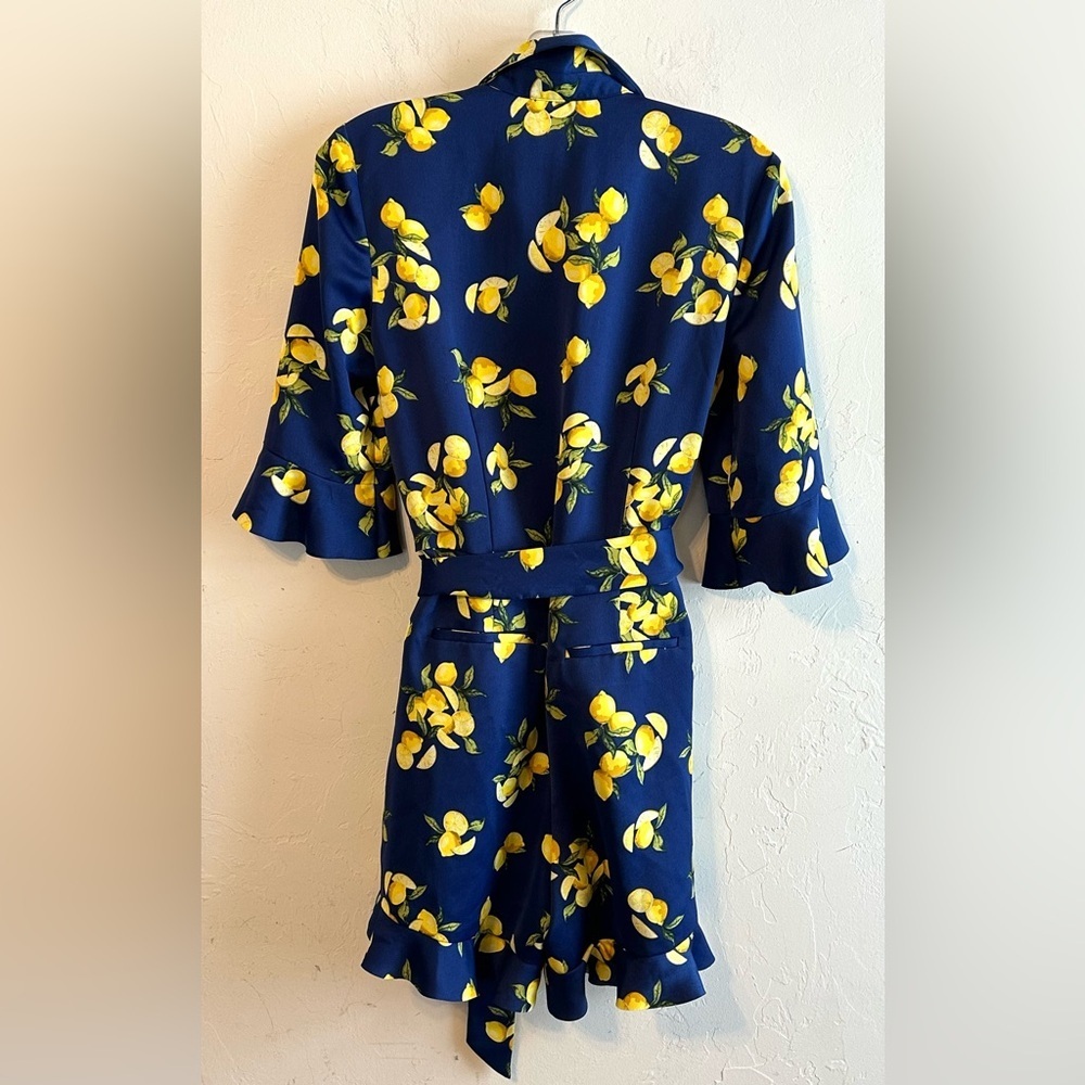 Banana Republic Navy Blue with Lemons Print Ruffle Shorts Tie Belt Romper Sz 4 - Picture 8 of 14
